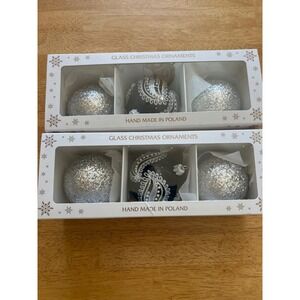 Dagmara Glass Christmas Ornaments Set 6 Hand Made in Poland Black Silver Glitter